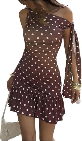 SHENHE Women's Polka Dots One Shoulder Mini Dress Ruched Ruffle Hem Draped Strap Party Dress in Kuwait