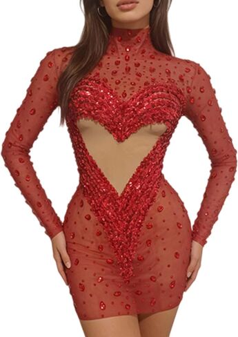 Women Love Party Dress Sexy See Through Mesh Rhinestone Sequin Short Skirt Bar Stage Performance Dress Prom Gowns in Saudi Arabia