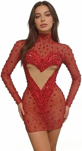 Women Love Party Dress Sexy See Through Mesh Rhinestone Sequin Short Skirt Bar Stage Performance Dress Prom Gowns in Saudi Arabia