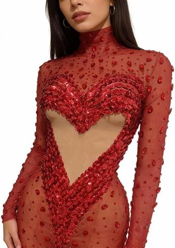 Women Love Party Dress Sexy See Through Mesh Rhinestone Sequin Short Skirt Bar Stage Performance Dress Prom Gowns in Saudi Arabia