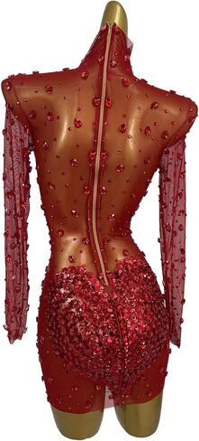 Women Love Party Dress Sexy See Through Mesh Rhinestone Sequin Short Skirt Bar Stage Performance Dress Prom Gowns in Saudi Arabia