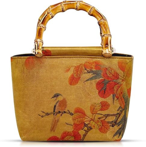 Tote Bag, Satin Oil Painting Handbags, Natural Bamboo Handle, Bohemian Shoulder Bag Suitable for Travel Daily in Saudi Arabia