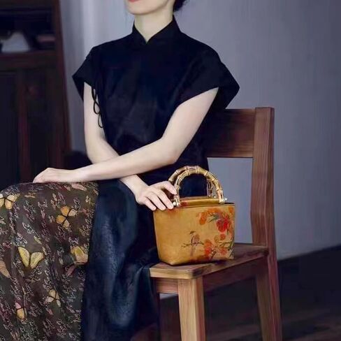 Tote Bag, Satin Oil Painting Handbags, Natural Bamboo Handle, Bohemian Shoulder Bag Suitable for Travel Daily in Saudi Arabia