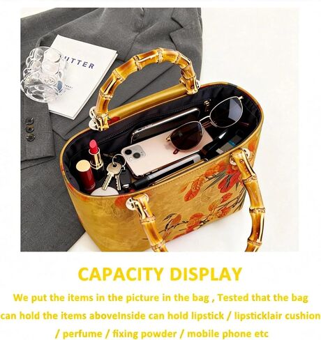 Tote Bag, Satin Oil Painting Handbags, Natural Bamboo Handle, Bohemian Shoulder Bag Suitable for Travel Daily in Saudi Arabia