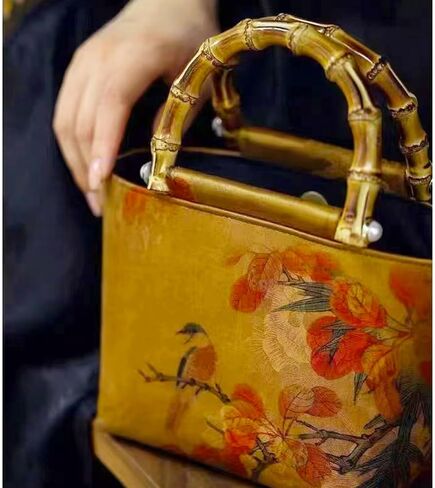 Tote Bag, Satin Oil Painting Handbags, Natural Bamboo Handle, Bohemian Shoulder Bag Suitable for Travel Daily in Saudi Arabia