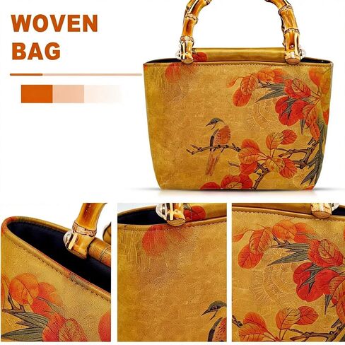 Tote Bag, Satin Oil Painting Handbags, Natural Bamboo Handle, Bohemian Shoulder Bag Suitable for Travel Daily in Saudi Arabia