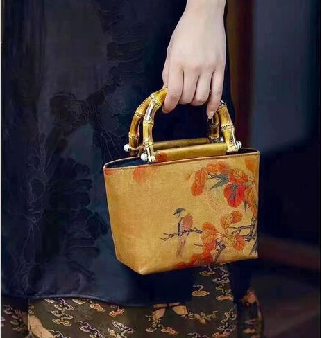 Tote Bag, Satin Oil Painting Handbags, Natural Bamboo Handle, Bohemian Shoulder Bag Suitable for Travel Daily in Saudi Arabia