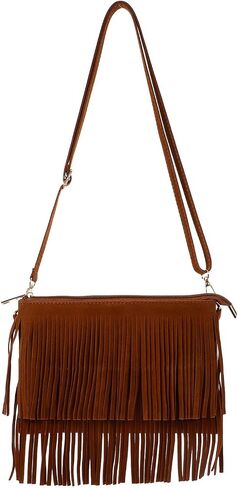Amosfun Vintage Tassel Crossbody Bag 9.84X6.69X0.39In Brown Retro Saddle Bag with Fringe Shoulder Purse Lightweight Women S Tote for Travel Party in Saudi Arabia