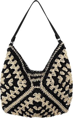 Crochet Straw Shoulder Bag for Women, Large Woven Hobo Tote with Leather Strap, Black & White Pattern Beach Purse for Summer Vacation (Black Pattern) in Saudi Arabia