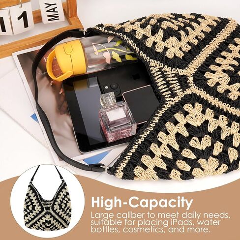 Crochet Straw Shoulder Bag for Women, Large Woven Hobo Tote with Leather Strap, Black & White Pattern Beach Purse for Summer Vacation (Black Pattern) in Saudi Arabia