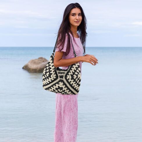 Crochet Straw Shoulder Bag for Women, Large Woven Hobo Tote with Leather Strap, Black & White Pattern Beach Purse for Summer Vacation (Black Pattern) in Saudi Arabia