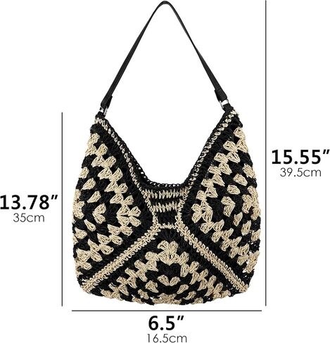 Crochet Straw Shoulder Bag for Women, Large Woven Hobo Tote with Leather Strap, Black & White Pattern Beach Purse for Summer Vacation (Black Pattern) in Saudi Arabia