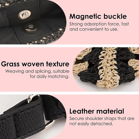 Crochet Straw Shoulder Bag for Women, Large Woven Hobo Tote with Leather Strap, Black & White Pattern Beach Purse for Summer Vacation (Black Pattern) in Saudi Arabia