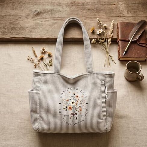 Women's aesthetic printed corduroy tote bag—a spacious shoulder bag and casual handbag suitable for shopping and work. in Saudi Arabia