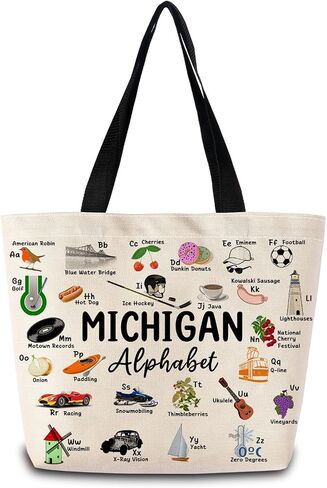 Michigan Alphabet Tote Bag Cute Aesthetic Shopping Shoulder Handbag with Interior Zipper Pocket Lightweight & Washable Stylish Michigan Travel Present for Women Friends in Saudi Arabia