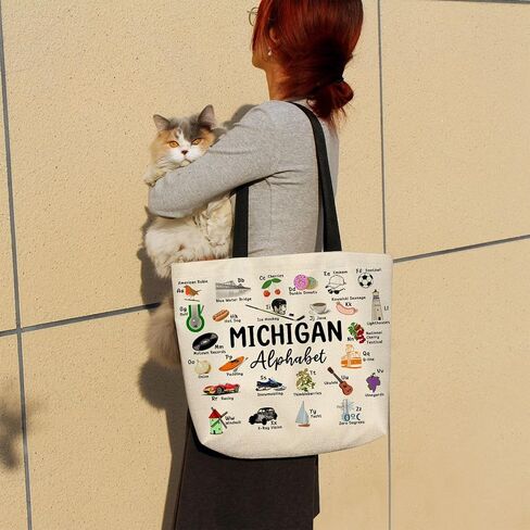 Michigan Alphabet Tote Bag Cute Aesthetic Shopping Shoulder Handbag with Interior Zipper Pocket Lightweight & Washable Stylish Michigan Travel Present for Women Friends in Saudi Arabia