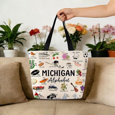 Michigan Alphabet Tote Bag Cute Aesthetic Shopping Shoulder Handbag with Interior Zipper Pocket Lightweight & Washable Stylish Michigan Travel Present for Women Friends in Saudi Arabia