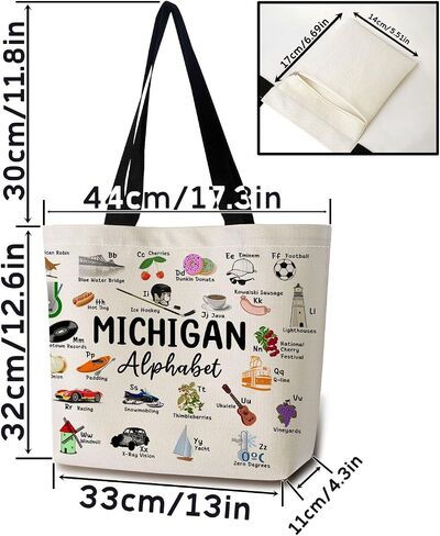 Michigan Alphabet Tote Bag Cute Aesthetic Shopping Shoulder Handbag with Interior Zipper Pocket Lightweight & Washable Stylish Michigan Travel Present for Women Friends in Saudi Arabia