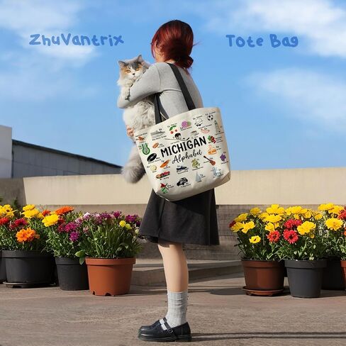 Michigan Alphabet Tote Bag Cute Aesthetic Shopping Shoulder Handbag with Interior Zipper Pocket Lightweight & Washable Stylish Michigan Travel Present for Women Friends in Saudi Arabia