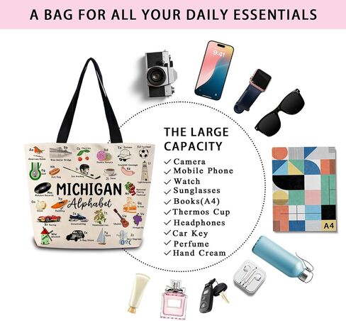 Michigan Alphabet Tote Bag Cute Aesthetic Shopping Shoulder Handbag with Interior Zipper Pocket Lightweight & Washable Stylish Michigan Travel Present for Women Friends in Saudi Arabia