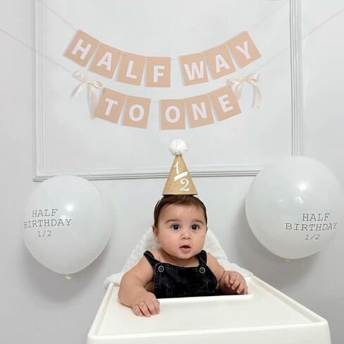 Half Way To One Banner with Bow - Simple 1/2 Birthday Party Decorations,White Ribbon Bow Half Birthday Banner,Rustic Hanging Garland for Cake Smash,6 Months Party Photo Props in Saudi Arabia