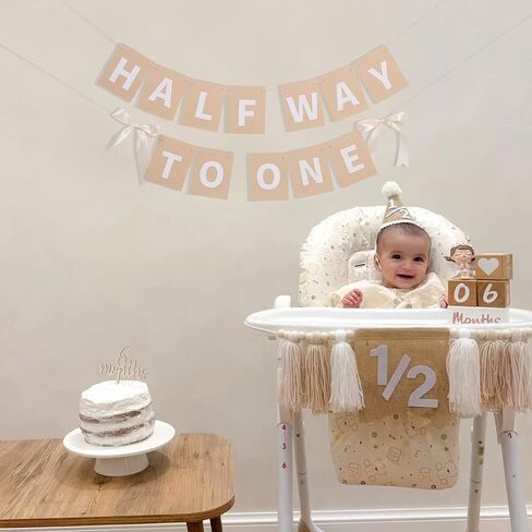 Half Way To One Banner with Bow - Simple 1/2 Birthday Party Decorations,White Ribbon Bow Half Birthday Banner,Rustic Hanging Garland for Cake Smash,6 Months Party Photo Props in Saudi Arabia