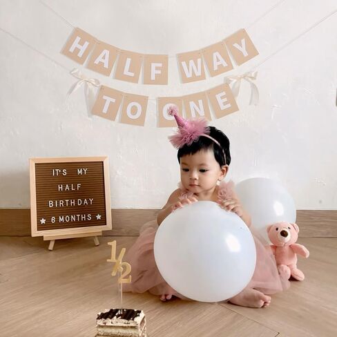 Half Way To One Banner with Bow - Simple 1/2 Birthday Party Decorations,White Ribbon Bow Half Birthday Banner,Rustic Hanging Garland for Cake Smash,6 Months Party Photo Props in Saudi Arabia
