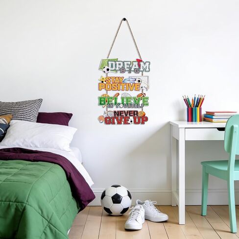 NymphFable Sport Themed Wall Art, Football Basketball Motivational Quote Wooden Hanging Sign for Boys Kids Room Playroom Nursery Decor in Saudi Arabia
