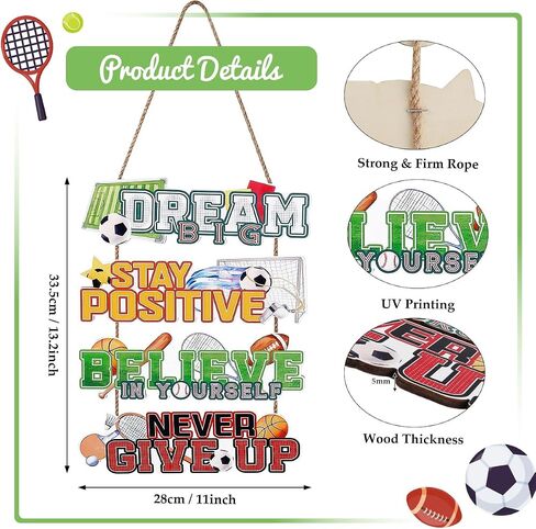 NymphFable Sport Themed Wall Art, Football Basketball Motivational Quote Wooden Hanging Sign for Boys Kids Room Playroom Nursery Decor in Saudi Arabia
