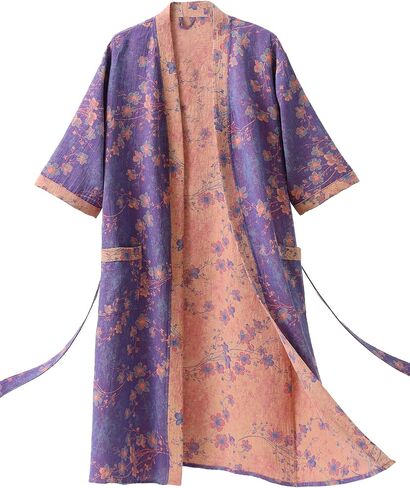 Women's Cotton Gauze Kimono Robe Floral Jacquard Bathrobe Loose Fit Loungewear with Pockets Soft Breathable Sleepwear in Saudi Arabia