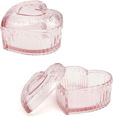 2PCS Glass Jewelry Box Heart-Shaped, Small Vintage Trinket Box with Lid for Women Girls, Pink Embossed Candy Box, Jewelry Organizer Decorative for Storage Ring Earring Trinket in Saudi Arabia