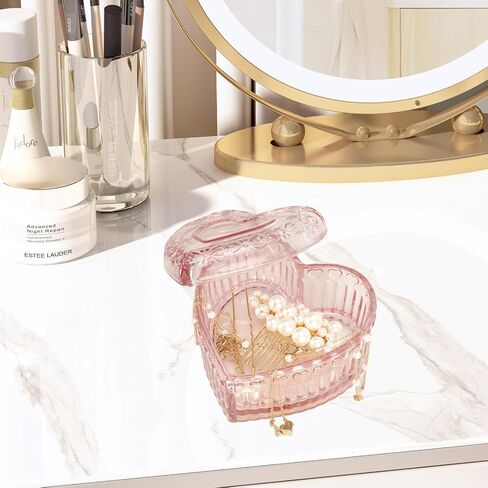 2PCS Glass Jewelry Box Heart-Shaped, Small Vintage Trinket Box with Lid for Women Girls, Pink Embossed Candy Box, Jewelry Organizer Decorative for Storage Ring Earring Trinket in Saudi Arabia