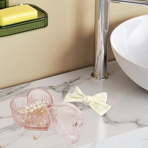 2PCS Glass Jewelry Box Heart-Shaped, Small Vintage Trinket Box with Lid for Women Girls, Pink Embossed Candy Box, Jewelry Organizer Decorative for Storage Ring Earring Trinket in Saudi Arabia