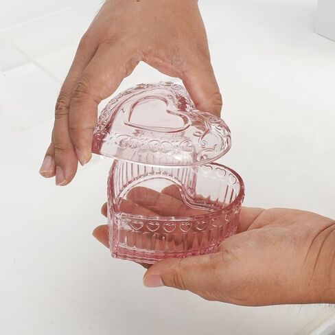 2PCS Glass Jewelry Box Heart-Shaped, Small Vintage Trinket Box with Lid for Women Girls, Pink Embossed Candy Box, Jewelry Organizer Decorative for Storage Ring Earring Trinket in Saudi Arabia