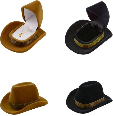 4 Pcs Cowboy Hat Jewelry Box Black & Brown | Velvet, Western Ring Box, Wedding Ceremony, Engagement in Kuwait