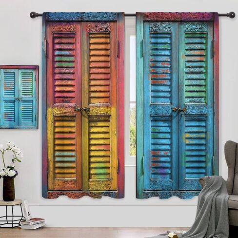 Riyidecor Rustic Barn Door Curtains Colorful Vintage Farmhouse Retro Wooden Wood Blinds Plank Farm Countryside Rod Pocket Minimalism Bedroom Living Room Treatment Fabric 2 Panels 42Wx63H Inch in Saudi Arabia