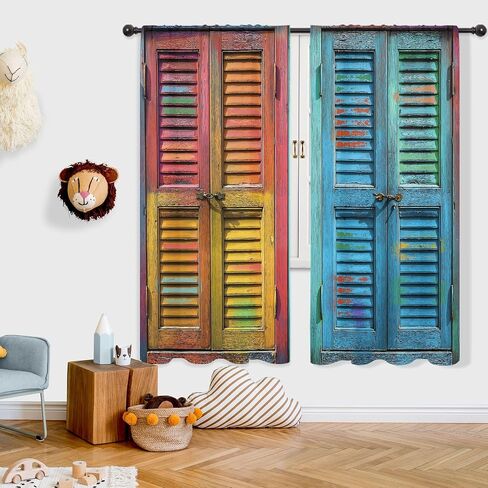 Riyidecor Rustic Barn Door Curtains Colorful Vintage Farmhouse Retro Wooden Wood Blinds Plank Farm Countryside Rod Pocket Minimalism Bedroom Living Room Treatment Fabric 2 Panels 42Wx63H Inch in Saudi Arabia