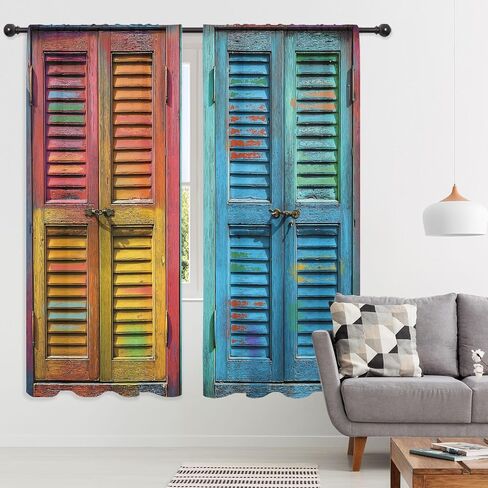 Riyidecor Rustic Barn Door Curtains Colorful Vintage Farmhouse Retro Wooden Wood Blinds Plank Farm Countryside Rod Pocket Minimalism Bedroom Living Room Treatment Fabric 2 Panels 42Wx63H Inch in Saudi Arabia