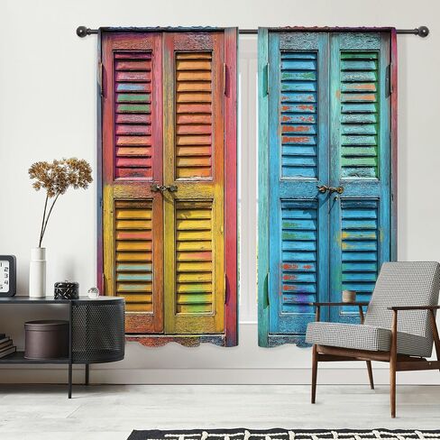 Riyidecor Rustic Barn Door Curtains Colorful Vintage Farmhouse Retro Wooden Wood Blinds Plank Farm Countryside Rod Pocket Minimalism Bedroom Living Room Treatment Fabric 2 Panels 42Wx63H Inch in Saudi Arabia