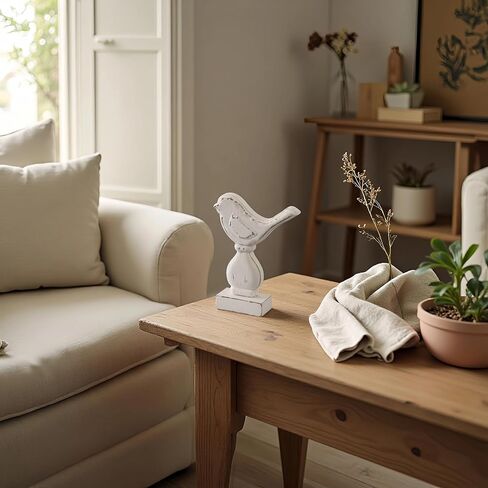 Farmhouse Small Bird Figurines Home Decor for Shelf 6 X 8 Inch, Handmade Distressed White Wooden Decorative Birds Statue Table Decorations for Foyer Dining Room Living Room Bedroom in Kuwait