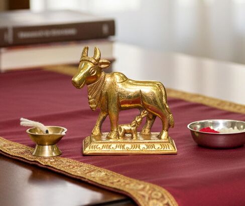 eSplanade Brass Kamdhenu Cow and Calf Sculpture - 6.5 cms | Kamadhenu Auspicious Idol | Good Fortune Statue in Saudi Arabia
