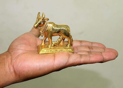 eSplanade Brass Kamdhenu Cow and Calf Sculpture - 6.5 cms | Kamadhenu Auspicious Idol | Good Fortune Statue in Saudi Arabia