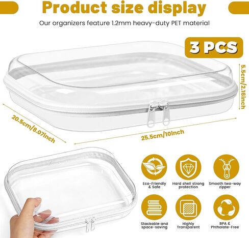 3 Pack Plastic Clear Hard Shell Zipper Case, Waterproof Clear Zipper Pouches Hard Shell, Large Size Zipper Pouches for Travel, Makeup Bag Organizer in Kuwait