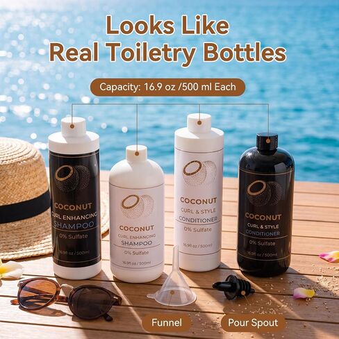 Havawish 4 Pcs Shampoo Shaped Travel Bottles for Cruise Trip, 16.9 oz Plastic Refillable Container Set, Includes Funnel, Pour Spout and Decor Stickers for Cruise Daily Essentials in Saudi Arabia
