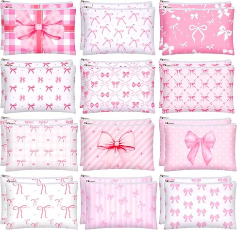24 Pcs Pink Bow Makeup Bag Bulk Coquette Cosmetic Bags for Women Preppy Pouches with Zipper Travel Toiletry Bags Bow Themed Gifts Accessories for Birthday Wedding Party Favor Valentine's Day in Saudi Arabia