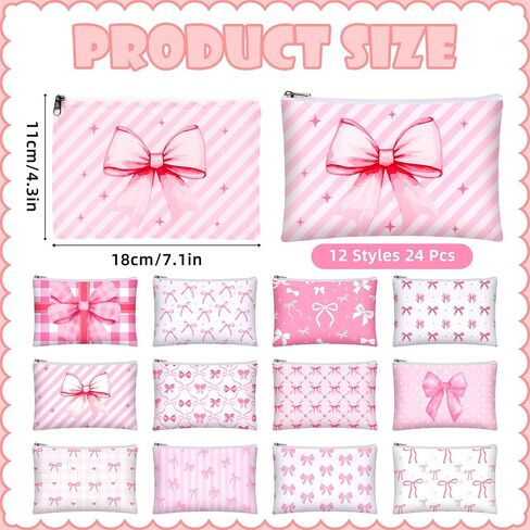 24 Pcs Pink Bow Makeup Bag Bulk Coquette Cosmetic Bags for Women Preppy Pouches with Zipper Travel Toiletry Bags Bow Themed Gifts Accessories for Birthday Wedding Party Favor Valentine's Day in Saudi Arabia