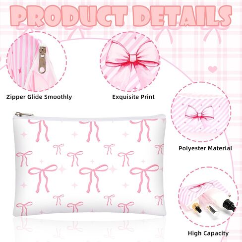 24 Pcs Pink Bow Makeup Bag Bulk Coquette Cosmetic Bags for Women Preppy Pouches with Zipper Travel Toiletry Bags Bow Themed Gifts Accessories for Birthday Wedding Party Favor Valentine's Day in Saudi Arabia