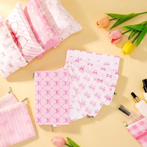 24 Pcs Pink Bow Makeup Bag Bulk Coquette Cosmetic Bags for Women Preppy Pouches with Zipper Travel Toiletry Bags Bow Themed Gifts Accessories for Birthday Wedding Party Favor Valentine's Day in Saudi Arabia