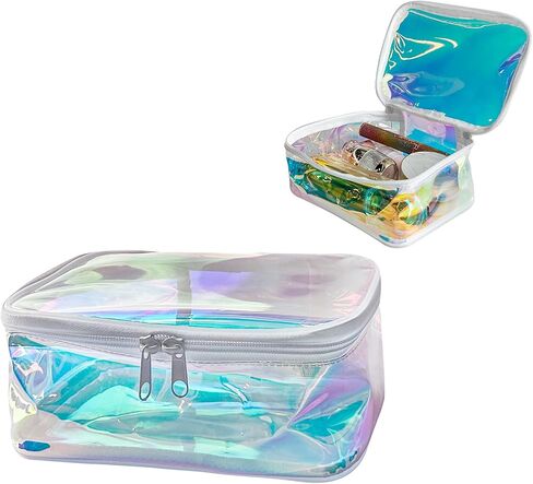 TPU Holographic Clear Makeup Bags Bulk,Clear Storage Bag Toiletry Pocket Portable Zippered Iridescent Pouch Waterproof Cosmetic travel Bags with white zipppe for Women in Saudi Arabia