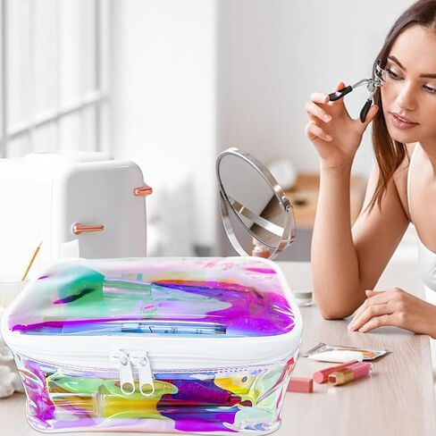TPU Holographic Clear Makeup Bags Bulk,Clear Storage Bag Toiletry Pocket Portable Zippered Iridescent Pouch Waterproof Cosmetic travel Bags with white zipppe for Women in Saudi Arabia